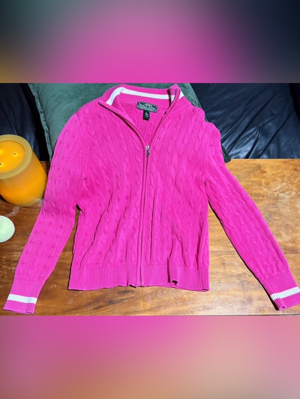 Ralph Lauren Hot Pink Cable-Knit Zip Cardigan with White Trim